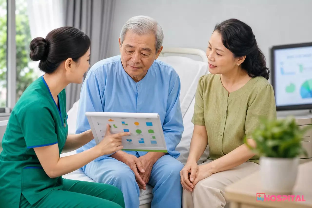 Điều dưỡng dặn dò thuốc và lịch tái khám cho người bệnh lớn tuổi