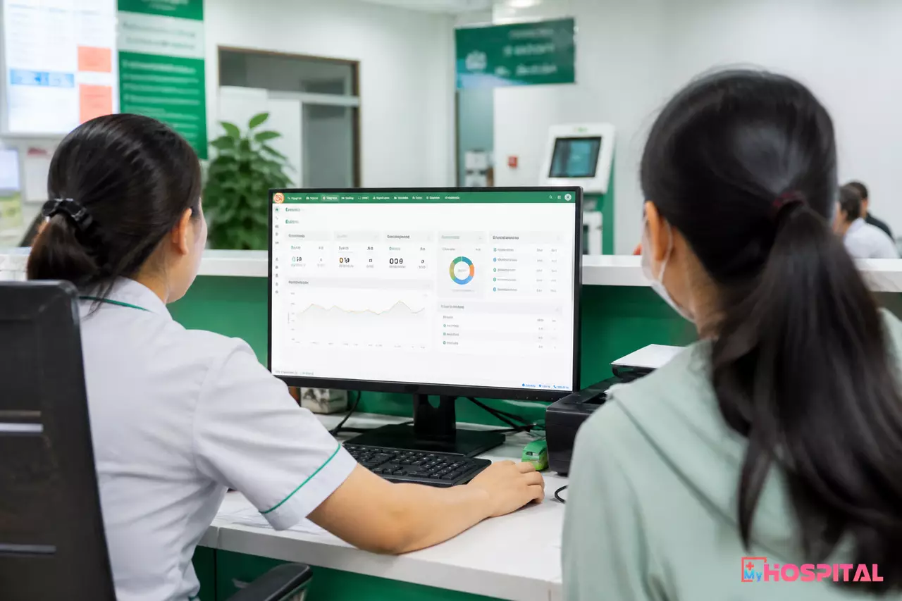 Thu ngân viện phí làm thủ tục quyết toán cho người nhà người bệnh