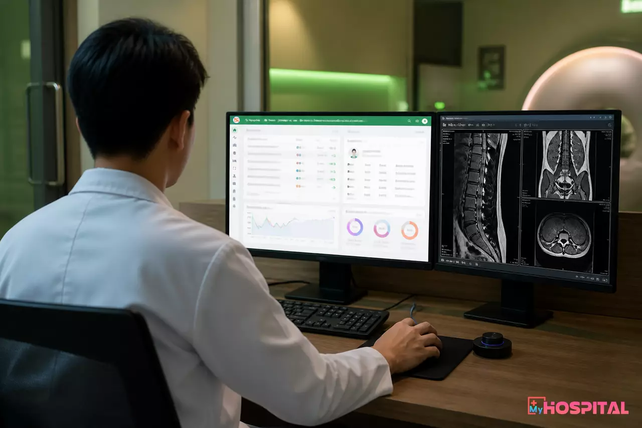 Bác sĩ chẩn đoán hình ảnh đọc phim trên phần mềm MyHospital, ảnh và kết quả nằm trên cùng màn hình