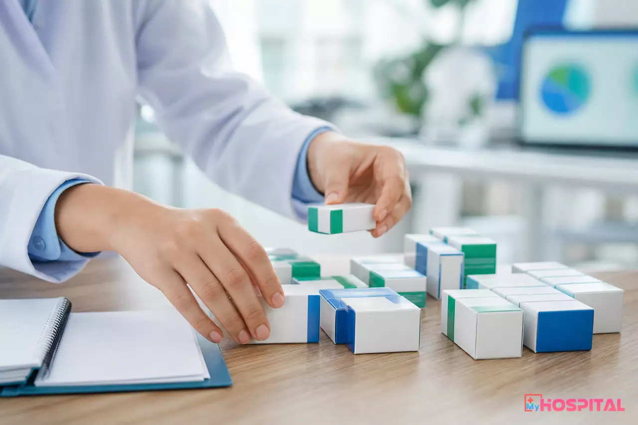 Nhân viên phòng khám sắp xếp và phân loại các hộp thuốc trên bàn theo nhóm