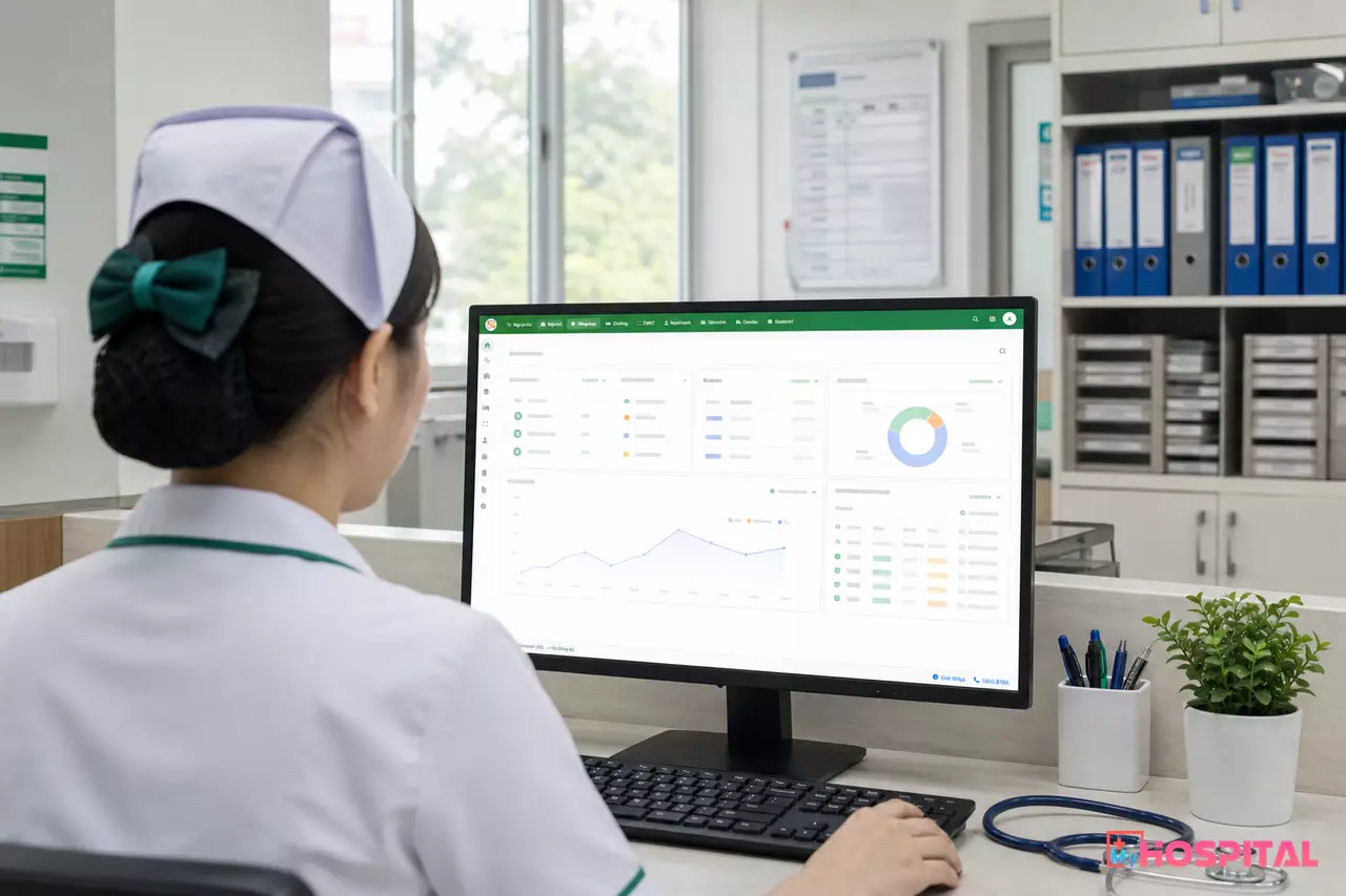 Điều dưỡng xem sơ đồ giường bệnh trên máy tính tại trạm điều dưỡng khoa nội trú