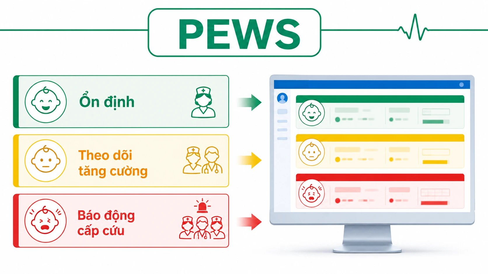 Sơ đồ thang điểm PEWS phân tầng cảnh báo xanh vàng đỏ cho trẻ em