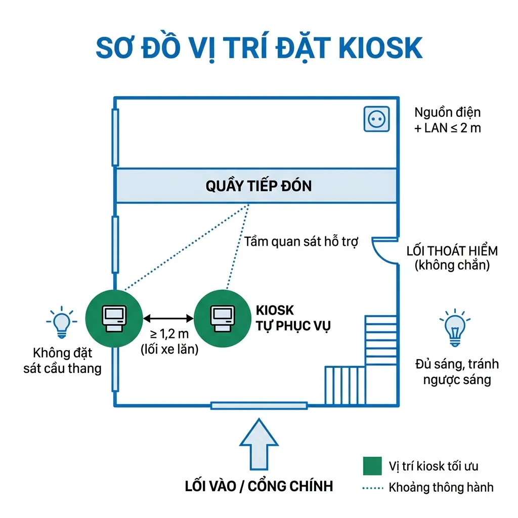 Sơ đồ vị trí đặt kiosk tự phục vụ tại khu vực tiếp đón bệnh viện