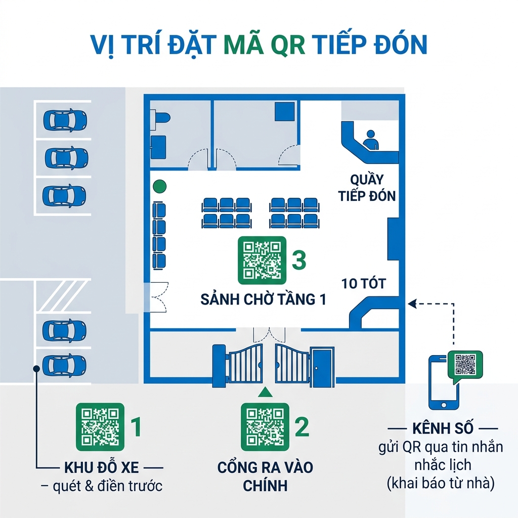 Sơ đồ vị trí đặt mã QR đăng ký khám tại bệnh viện: cổng ra vào, sảnh chờ, khu vực đỗ xe và kênh gửi trước qua tin nhắn