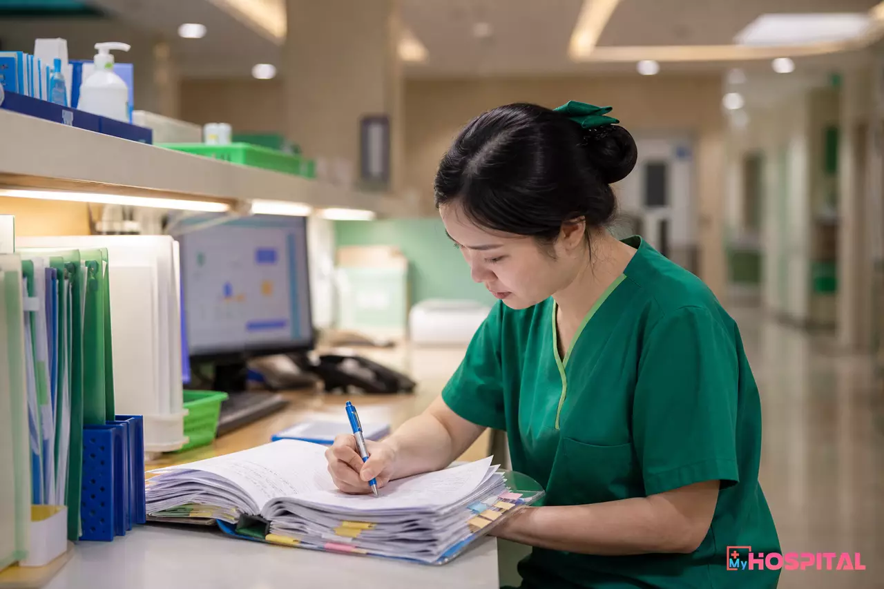 Điều dưỡng ca đêm chép tay vào sổ bàn giao trực tại quầy điều dưỡng khoa nội trú