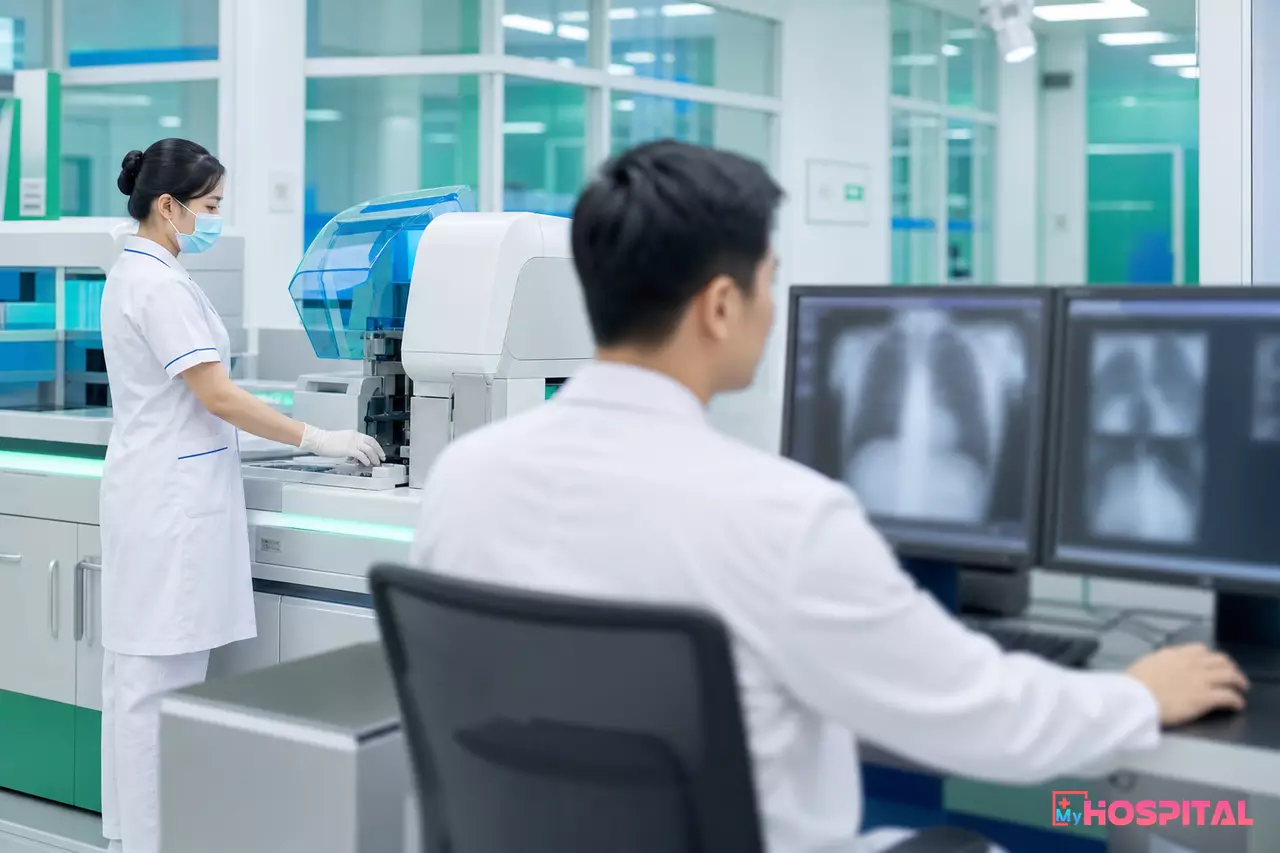 Kỹ thuật viên xét nghiệm và bác sĩ chẩn đoán hình ảnh làm việc cạnh nhau trong khu cận lâm sàng