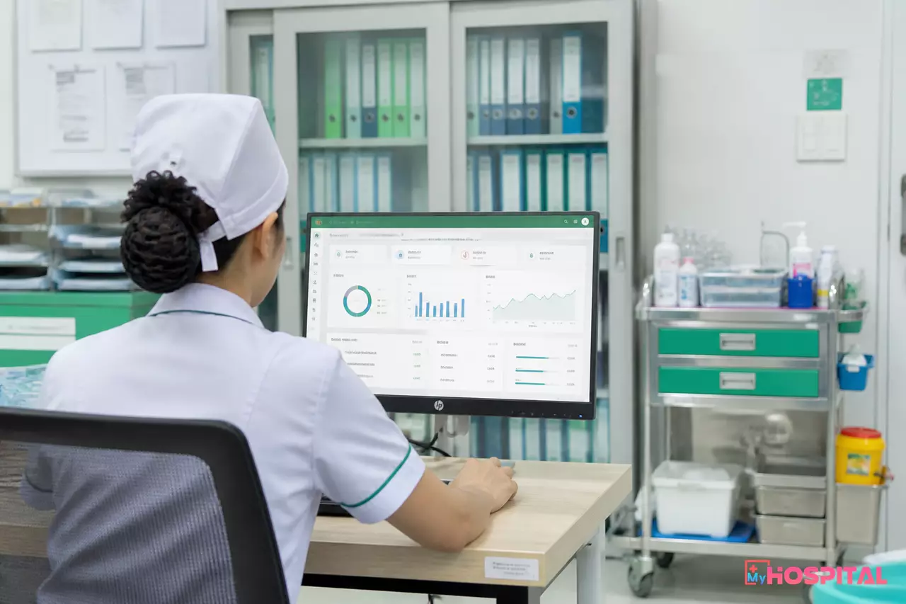 Điều dưỡng xem số liệu cuối ca trên máy tính tại phòng làm việc của khoa nội trú