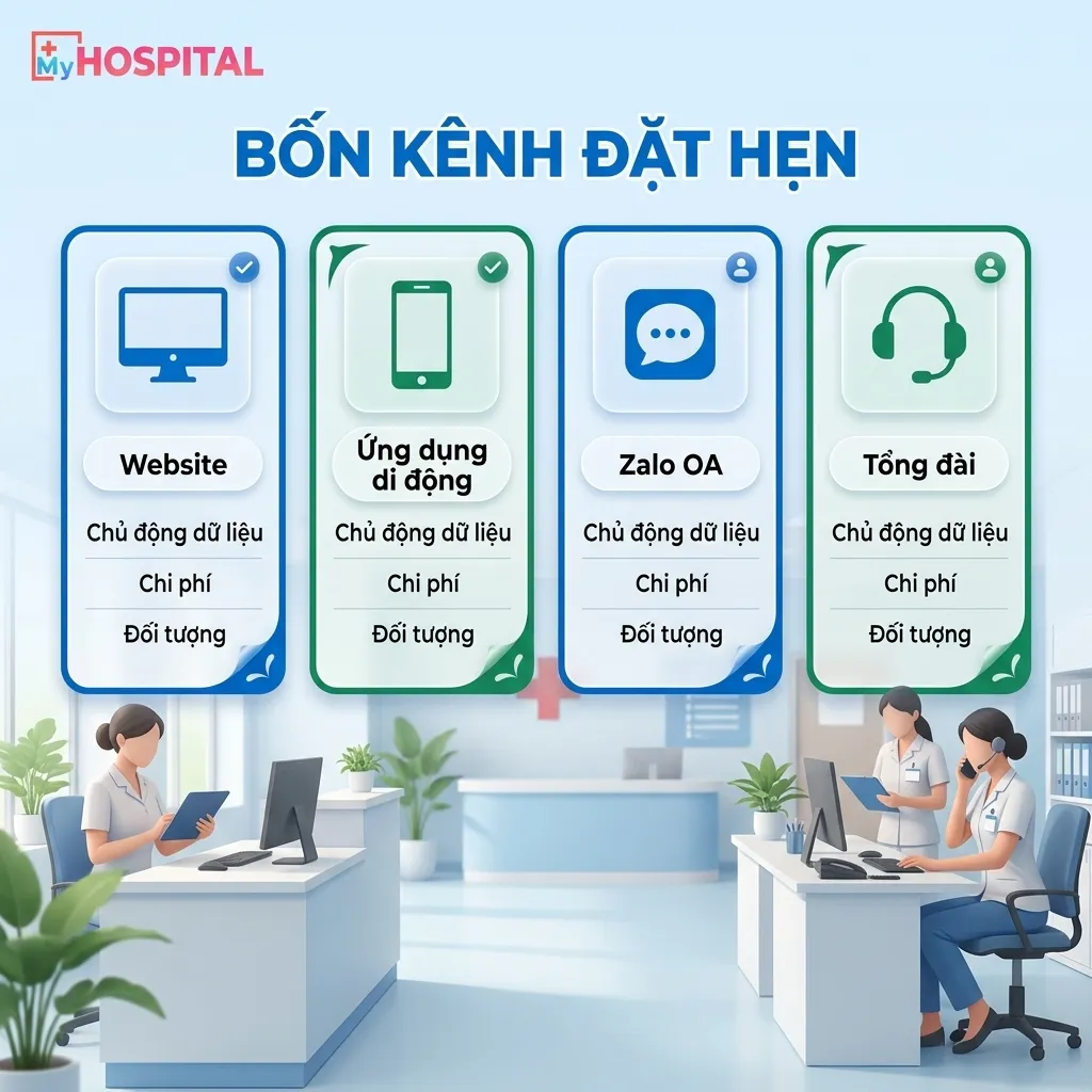Người bệnh đặt lịch khám trên website điện thoại bên cạnh nhân viên tổng đài bệnh viện nhận cuộc gọi đặt lịch