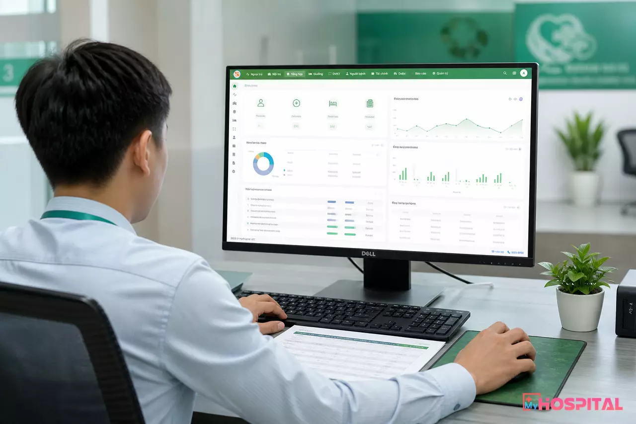 Nhân viên IT bệnh viện thao tác tải file bảng giá mới lên phần mềm quản lý bệnh viện