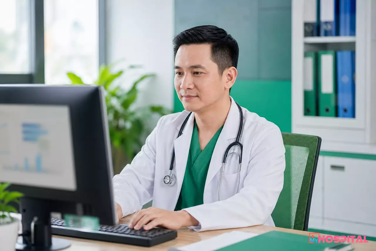 Bác sĩ ngồi làm việc tại phòng khám bệnh viện với máy tính phía trước