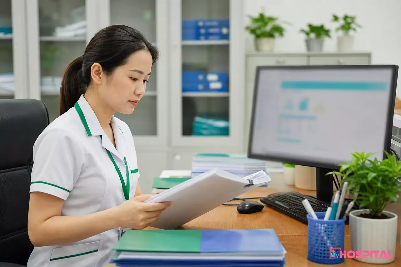 Nhân viên phòng vật tư bệnh viện đối chiếu hồ sơ pháp lý của nhà cung cấp thuốc trước khi phê duyệt