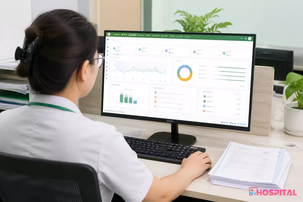 Kế toán viện phí theo dõi công nợ nhà cung cấp thuốc trên màn hình máy tính