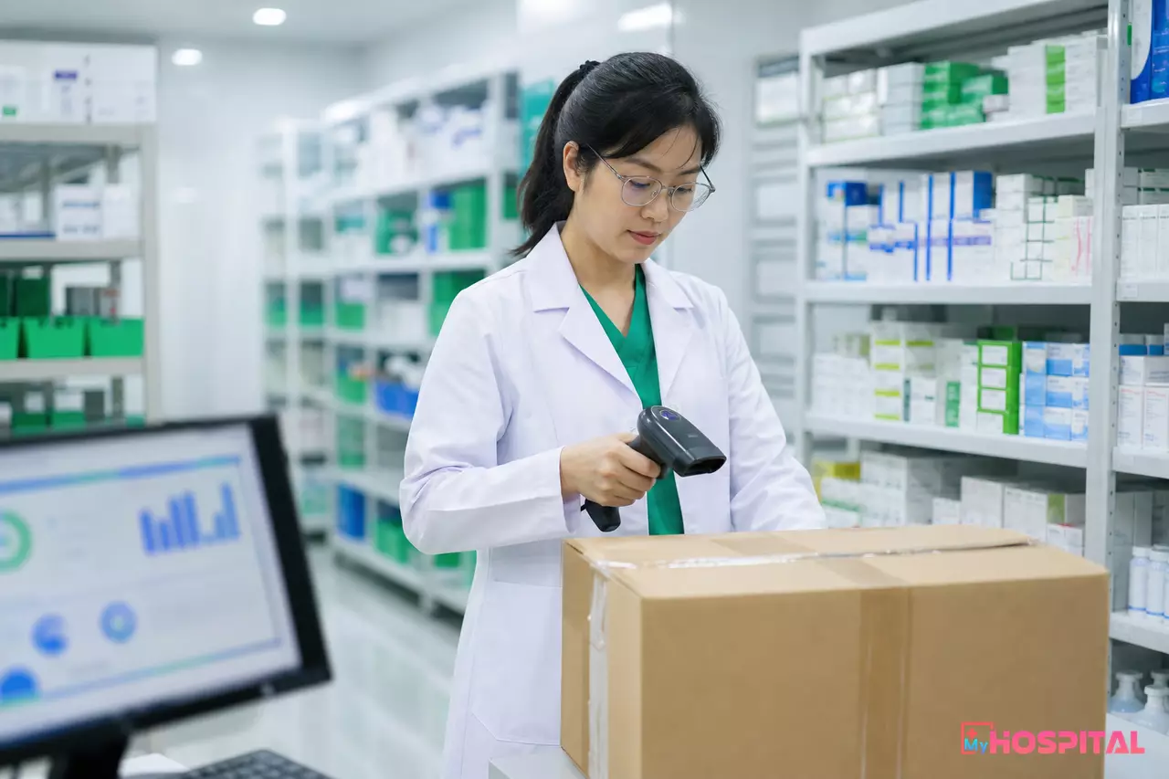 Thủ kho dược quét mã vạch thùng thuốc khi nhập kho bệnh viện