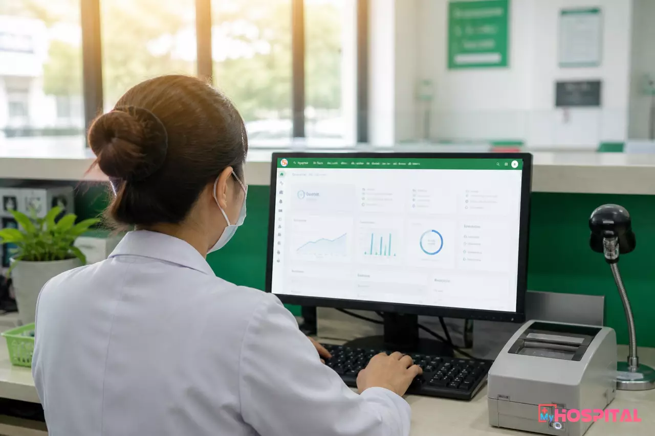 Thu ngân trực đêm chốt ca trên phần mềm quản lý viện phí lúc rạng sáng