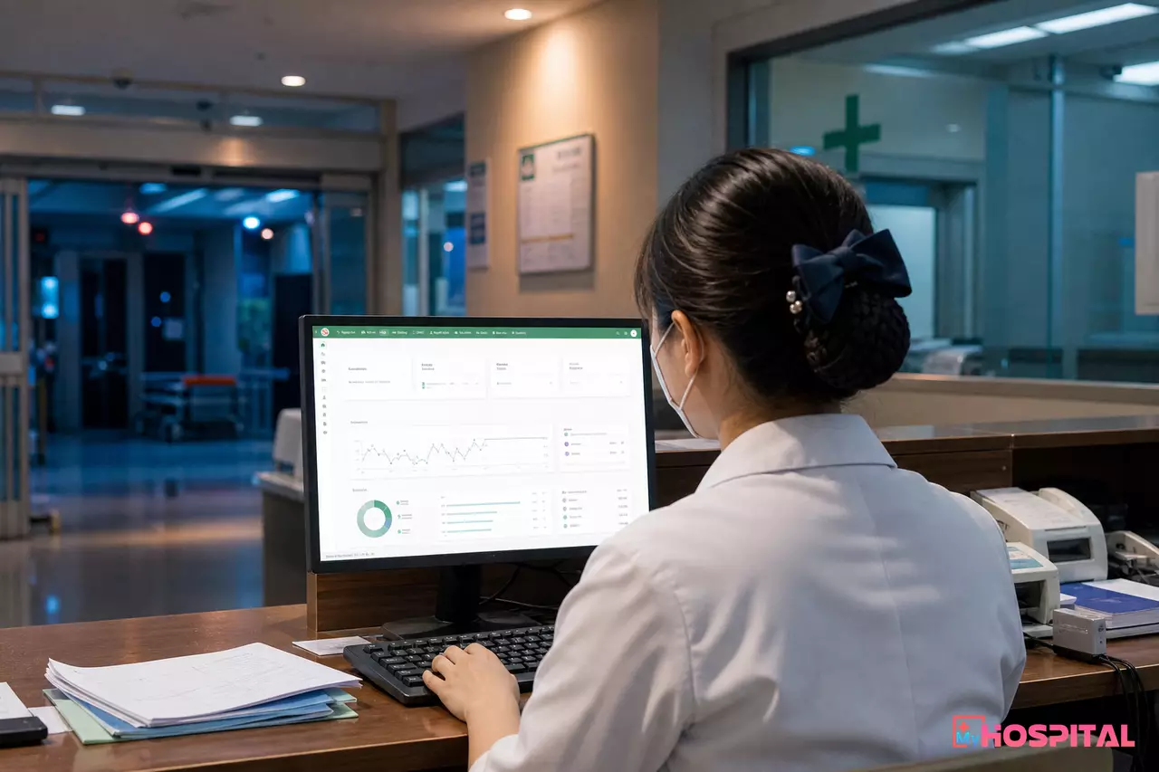 Thu ngân khoa cấp cứu ghi nhận tạm ứng viện phí trên phần mềm quản lý bệnh viện ngay sau khi người bệnh ổn định