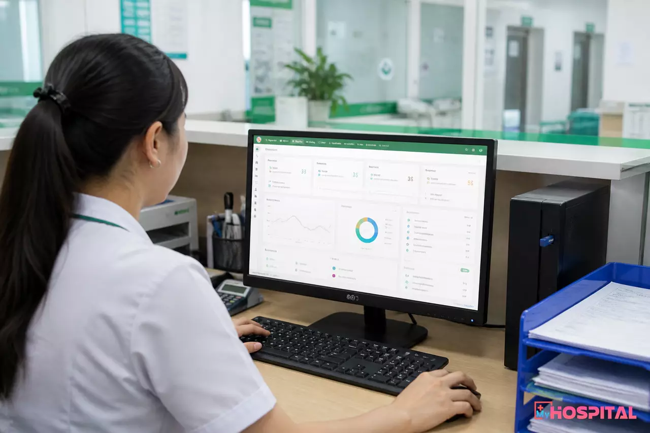 Nhân viên thu ngân sử dụng phần mềm quản lý viện phí trên máy tính tại quầy bệnh viện