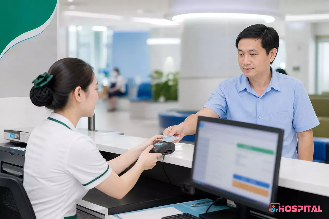 Bộ phận tiếp đón quét thẻ căn cước của người bệnh bằng đầu đọc tại quầy