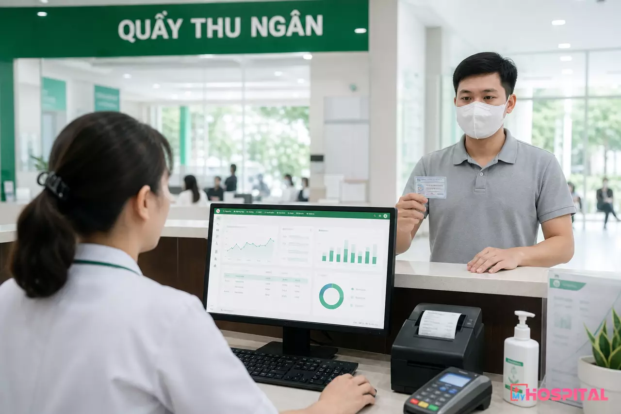 Nhân viên thu ngân viện phí thao tác tại quầy thanh toán với hệ thống quản lý bệnh viện