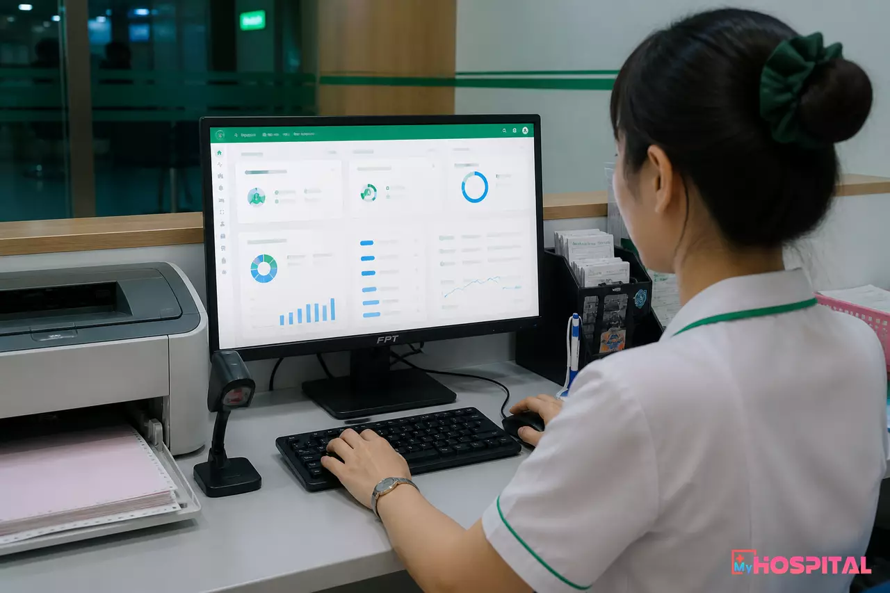 Thu ngân viện phí tra cứu hồ sơ công nợ trốn viện trên máy tính tại quầy thu ngân