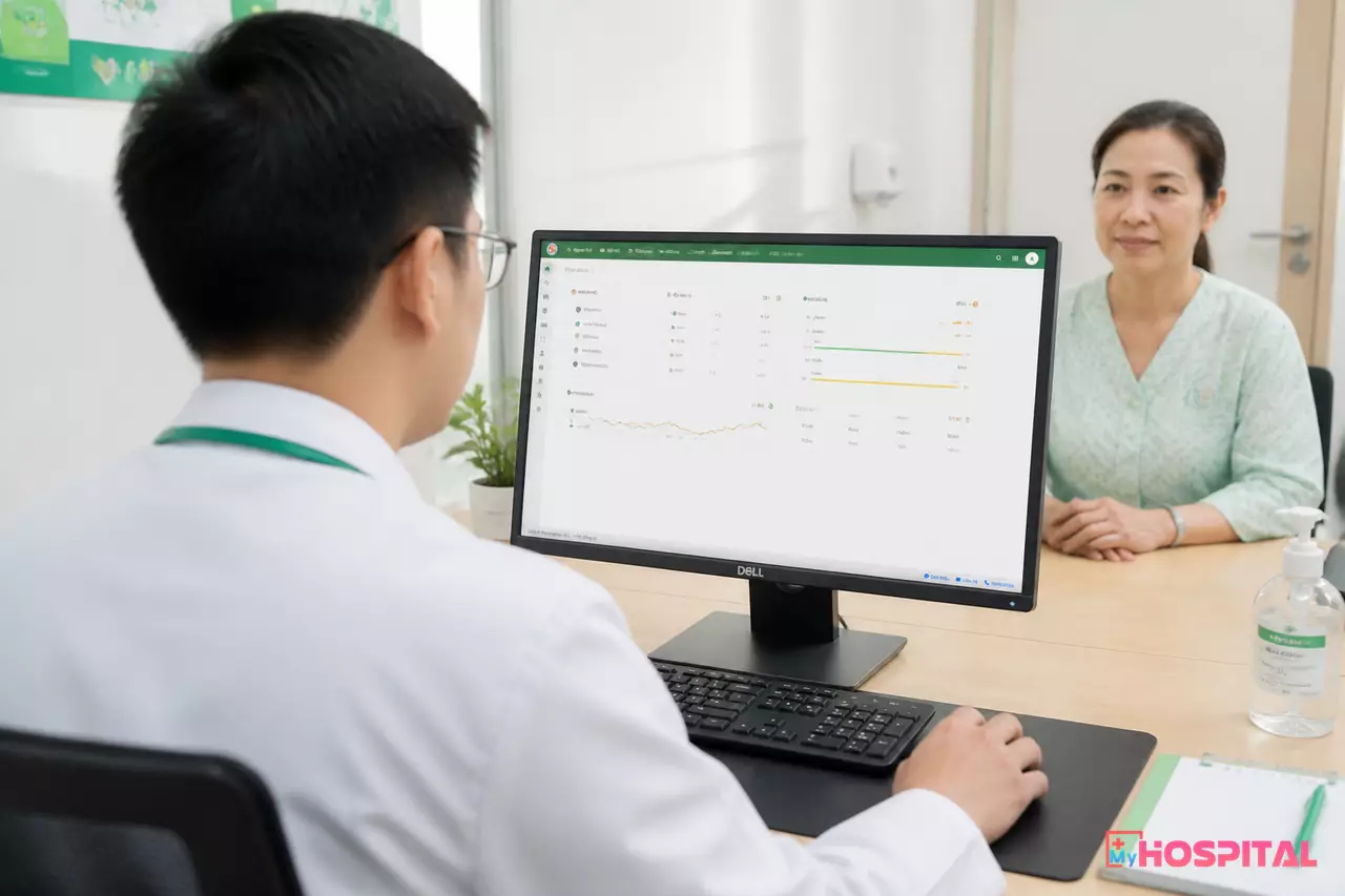 Bác sĩ xem kết quả xét nghiệm của người bệnh ngay trong phiên khám