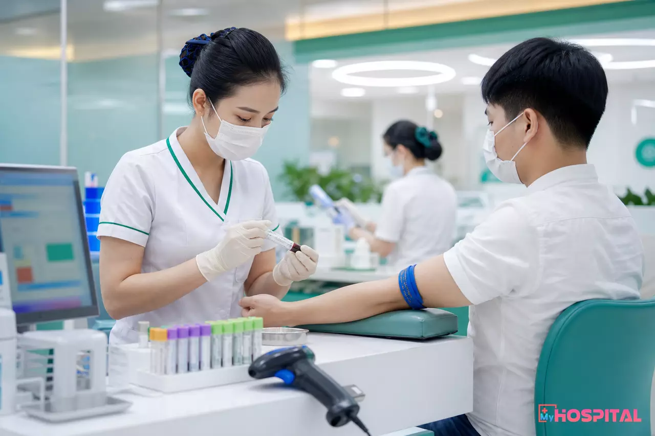 Điều dưỡng dán nhãn mã vạch lên ống nghiệm máu tại buồng lấy mẫu