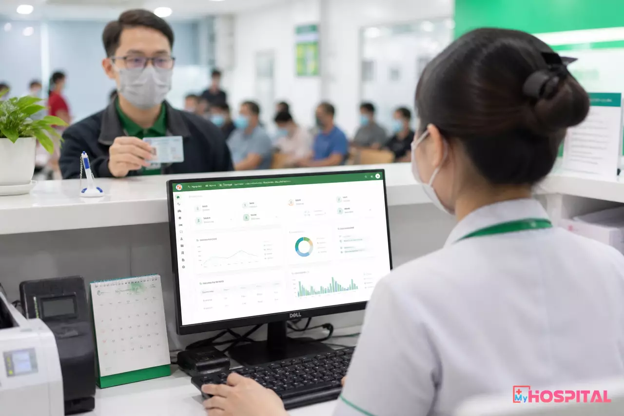 Nhân viên tiếp đón quét mã định danh cho đoàn khám sức khỏe doanh nghiệp trên máy tính