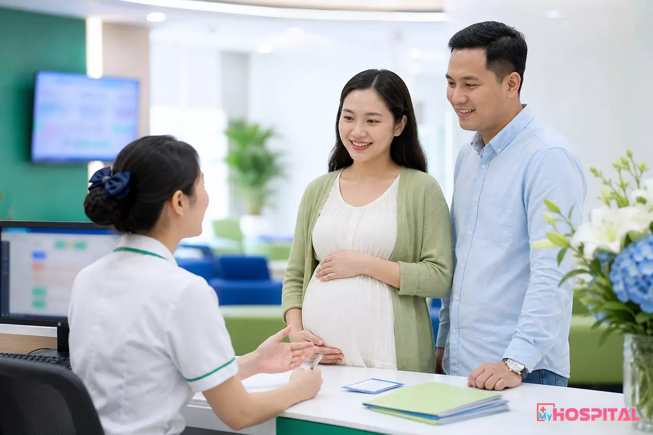 Bộ phận tiếp đón khoa sản tư vấn gói sinh mổ theo yêu cầu và kiểm tra mức hưởng BHYT