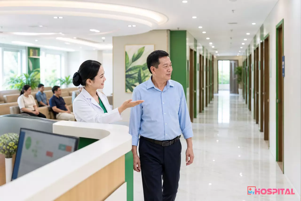 Nhân viên tiếp đón hướng dẫn người bệnh giữa các phòng chuyên khoa tại phòng khám đa khoa