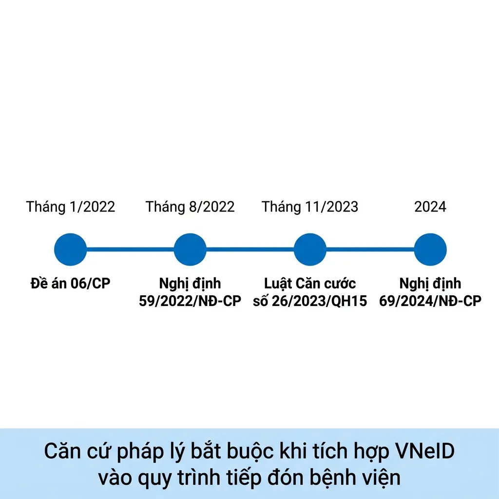 Timeline pháp lý định danh điện tử y tế: Quyết định 06 ngày 06/01/2022 khởi động Đề án 06, Luật Căn cước 26/2023/QH15 và Nghị định 69/2024/NĐ-CP thay thế Nghị định 59/2022 cùng hiệu lực 01/7/2024