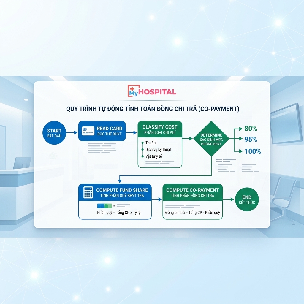 Sơ đồ thuật toán flowchart tính đồng chi trả BHYT tự động trong phần mềm quản lý bệnh viện HIS
