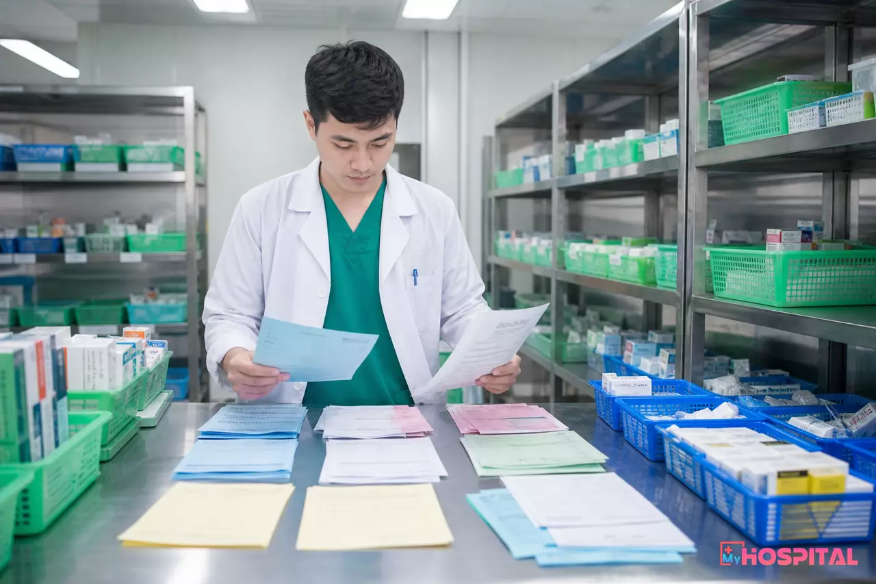 Dược sĩ đối chiếu phiếu lĩnh thuốc từ nhiều khoa trước khi soạn thuốc cấp phát nội trú
