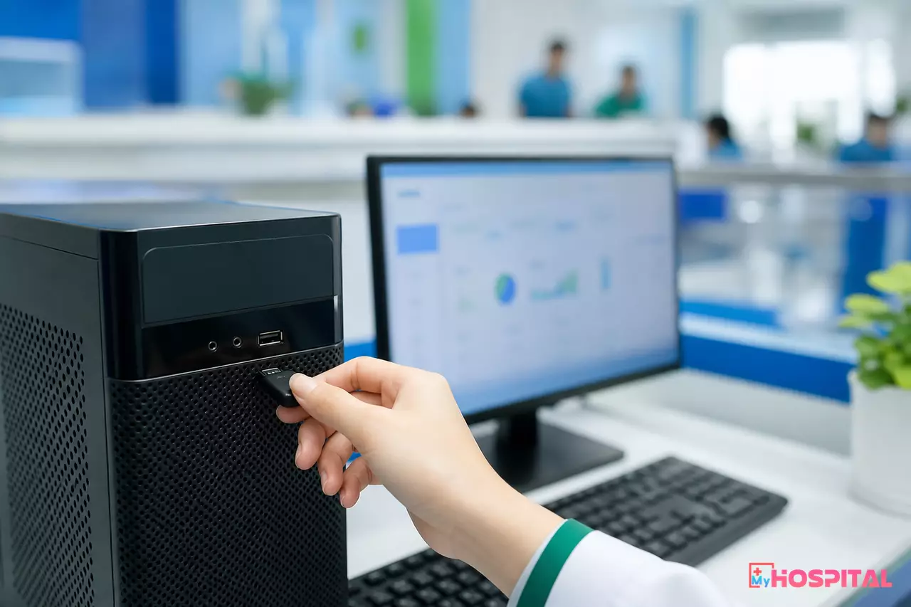 Cận cảnh USB Token chữ ký số cắm vào cổng USB máy tính tại quầy thu ngân bệnh viện