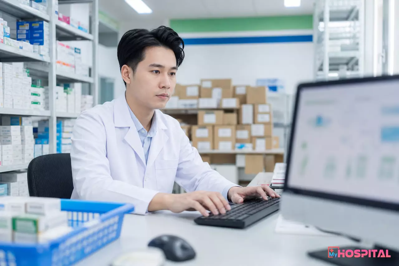 Dược sĩ tra cứu dữ liệu tiêu thụ thuốc cấp cứu trên phần mềm quản lý kho