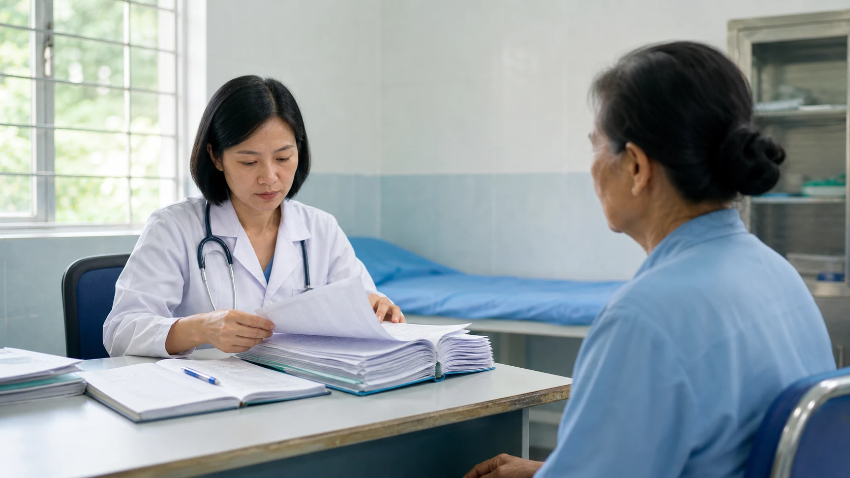 Bác sĩ tra cứu hồ sơ bệnh án giấy khi khám bệnh