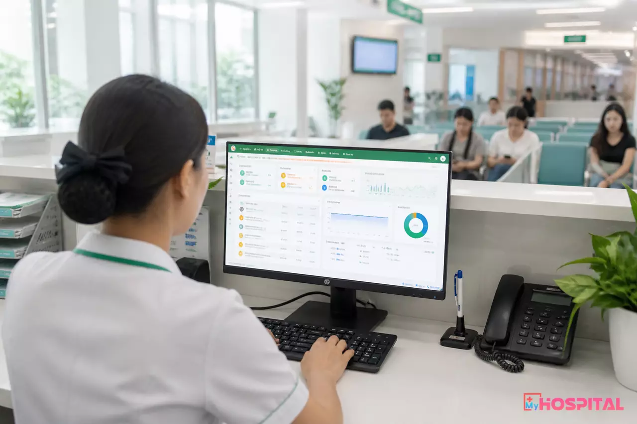 Bộ phận tiếp đón bệnh viện tra cứu hồ sơ người bệnh bằng mã định danh y tế trên máy tính