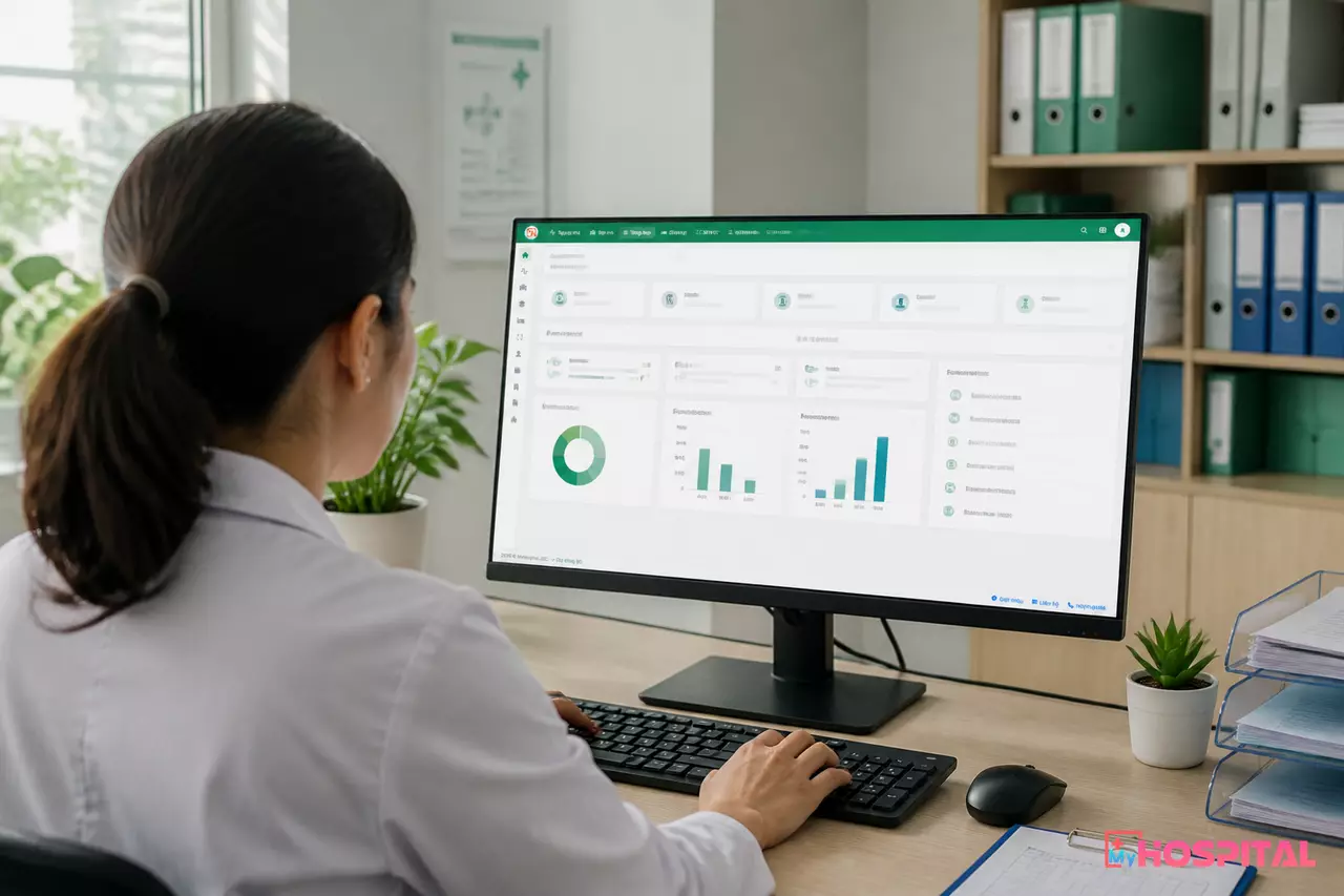Nhân viên phòng vật tư tra cứu mã lô sản xuất vật tư cấy ghép trên phần mềm để lập danh sách người bệnh liên quan