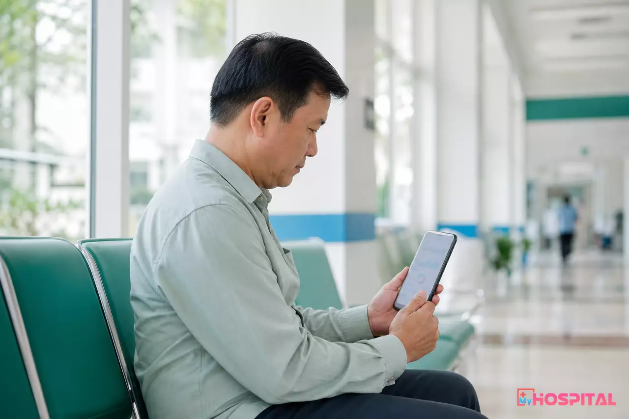 Người bệnh ngồi ở hành lang bệnh viện xem kết quả xét nghiệm trên điện thoại thông minh