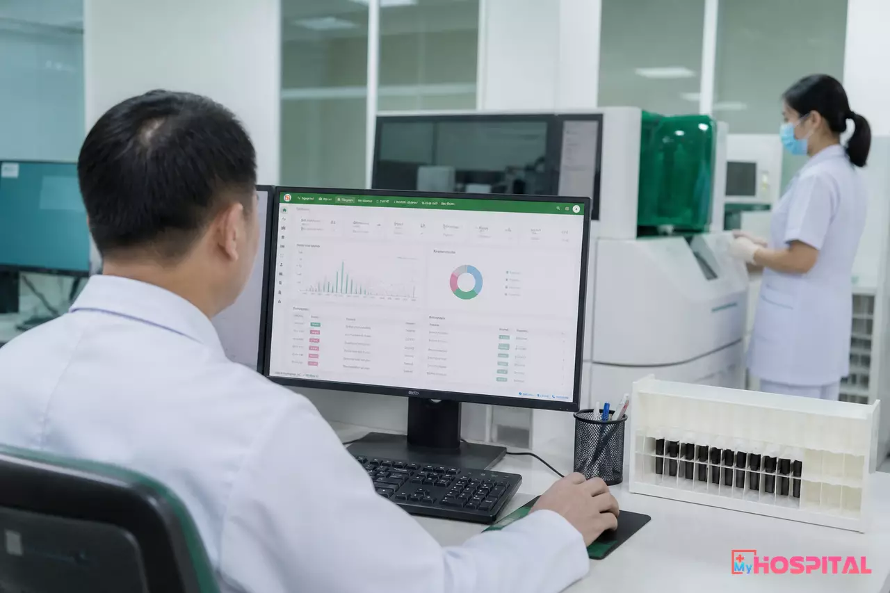 Trưởng khoa xét nghiệm duyệt kết quả trên máy tính trước khi công bố cho người bệnh