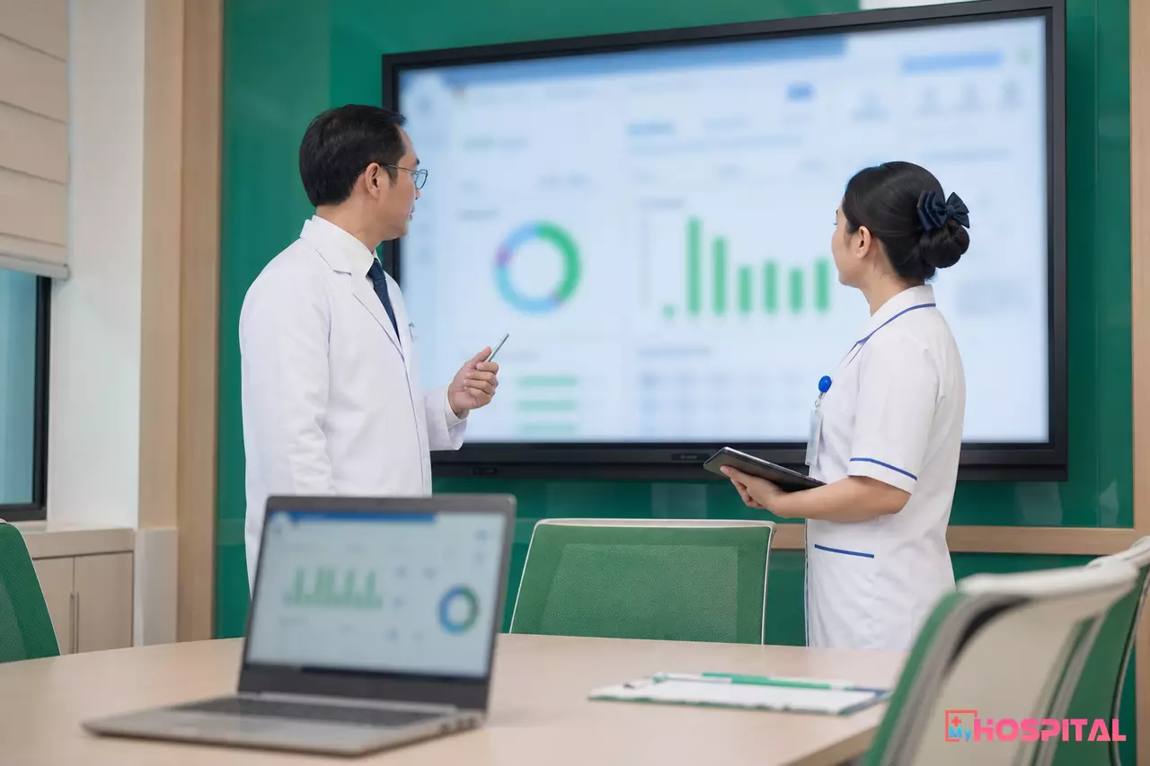 Trưởng khoa và điều dưỡng trưởng trao đổi tại phòng giao ban về xu hướng sinh tồn của người bệnh
