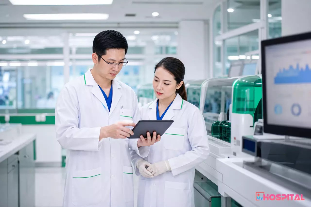 Trưởng khoa xét nghiệm và kỹ thuật viên trao đổi bên dãy máy phân tích