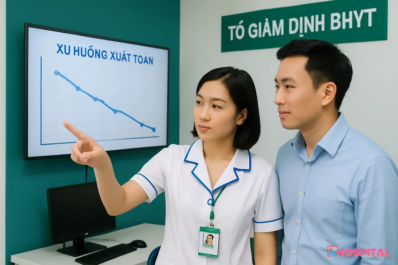 Tổ giám định nội bộ theo dõi bảng so sánh tỷ lệ xuất toán BHYT trước và sau tự động hóa