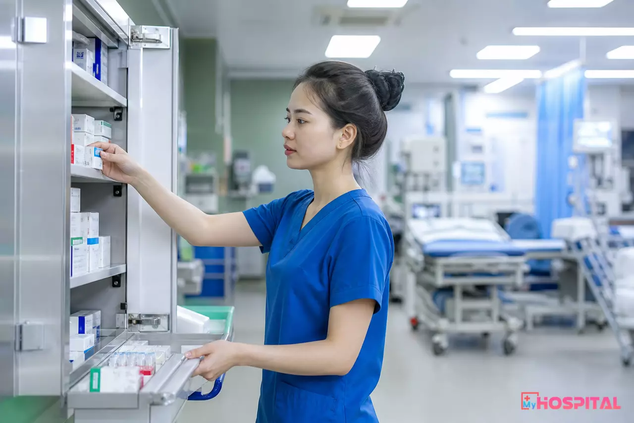 Điều dưỡng lấy thuốc từ tủ thuốc trực cấp cứu tại khoa Cấp cứu bệnh viện