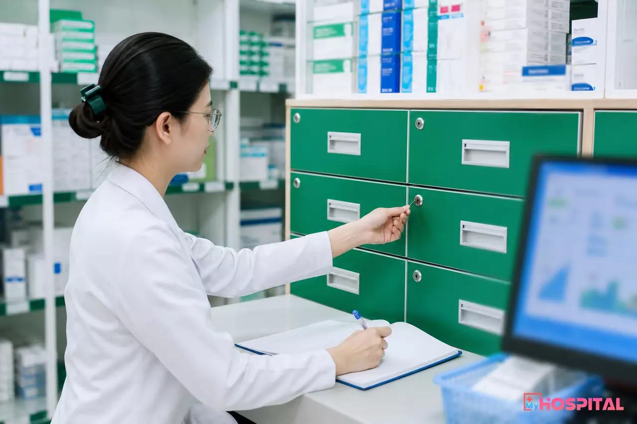 Tủ thuốc gây nghiện hướng thần khóa riêng tại nhà thuốc, dược sĩ ghi sổ theo dõi