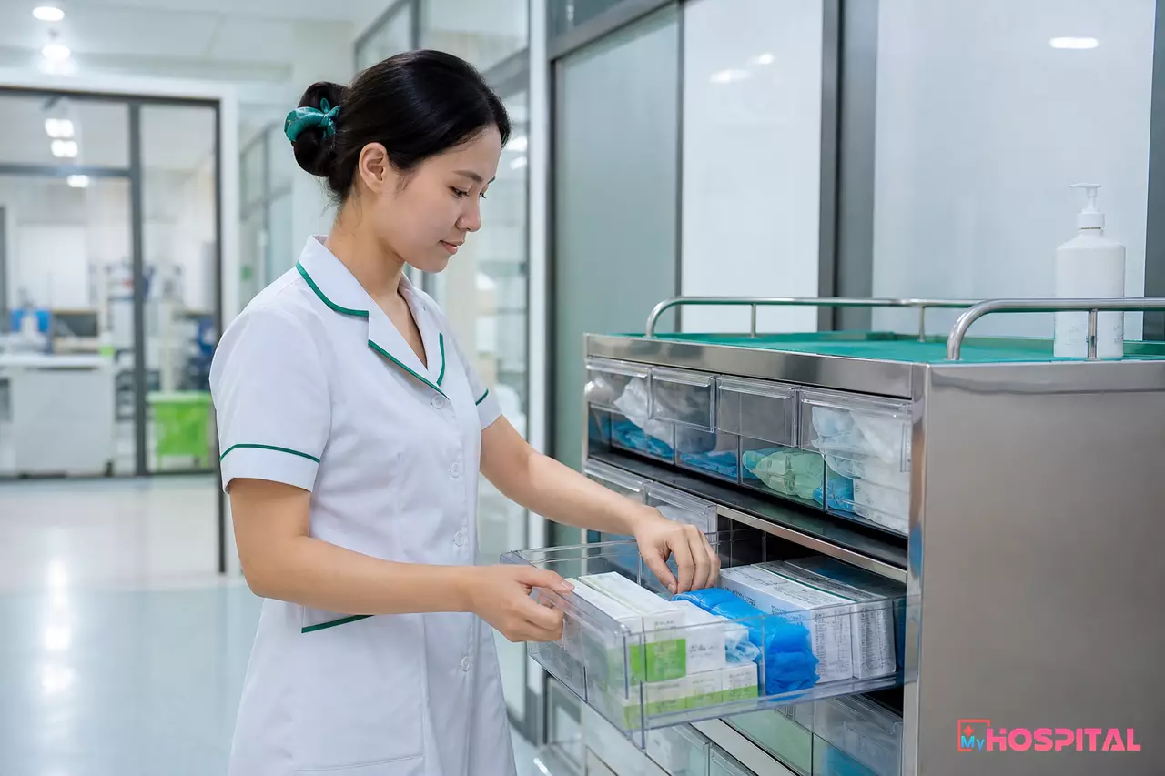 Điều dưỡng kiểm tra tủ trực vật tư y tế có ngăn chia riêng cho kim tiêm và găng tay tại khoa lâm sàng