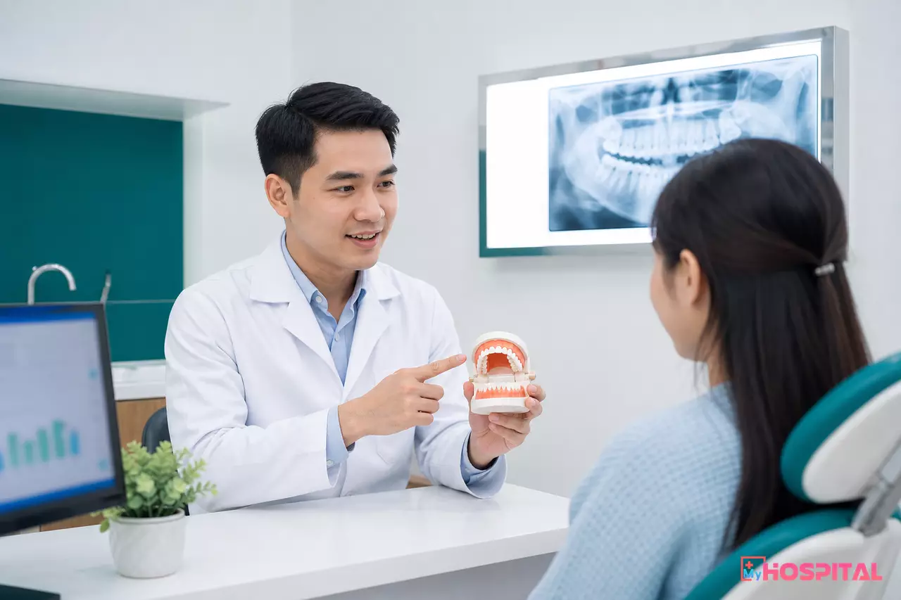 Bác sĩ răng hàm mặt tư vấn kế hoạch điều trị implant cho người bệnh bên cạnh mô hình răng và phim X-quang trên đèn light box
