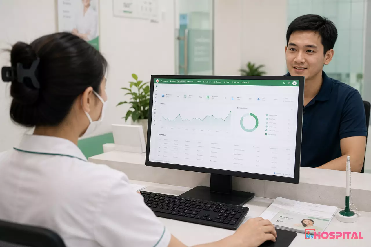 Nhân viên thu ngân phòng khám răng hàm mặt nhìn từ sau lưng đang trao đổi với người bệnh về hóa đơn implant