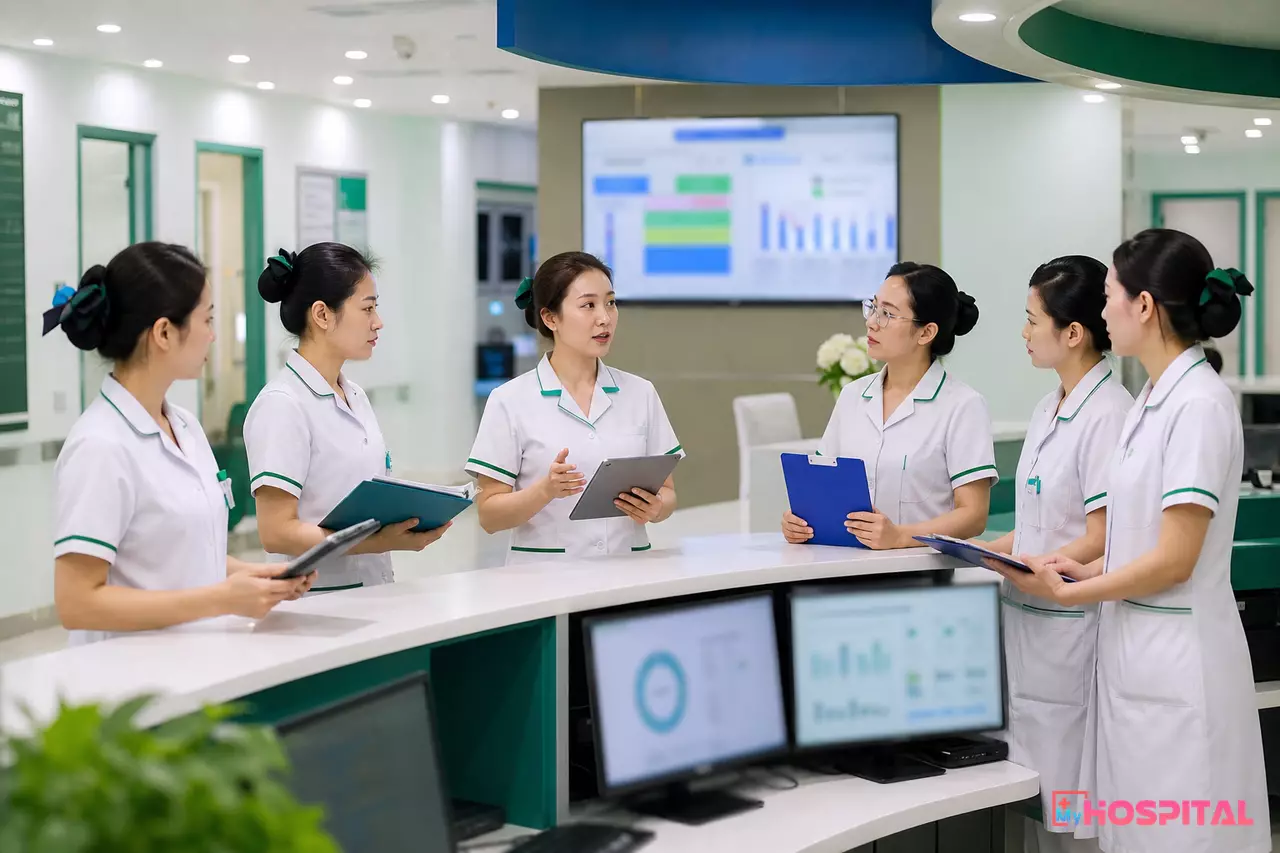 Điều dưỡng trưởng và các điều dưỡng giao ban đầu ca tại quầy điều dưỡng