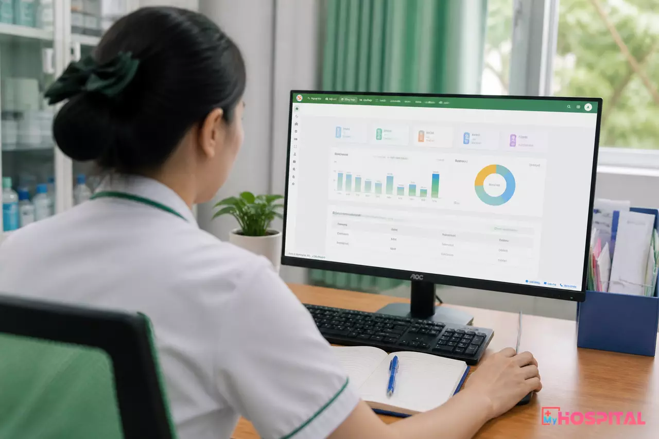 Điều dưỡng trưởng xem bảng phân công ca trực trên máy tính trong phòng làm việc
