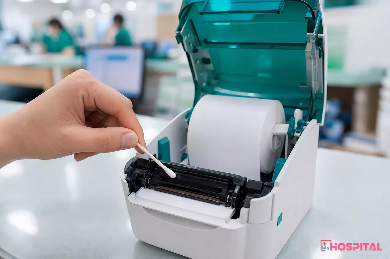 Cận cảnh đầu in nhiệt tại quầy thu ngân đang được vệ sinh