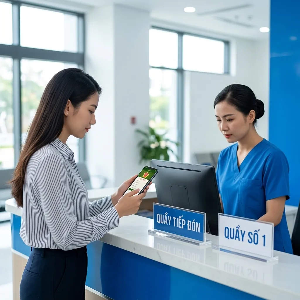 Người bệnh mở VNeID tại quầy tiếp đón đọc mã định danh
